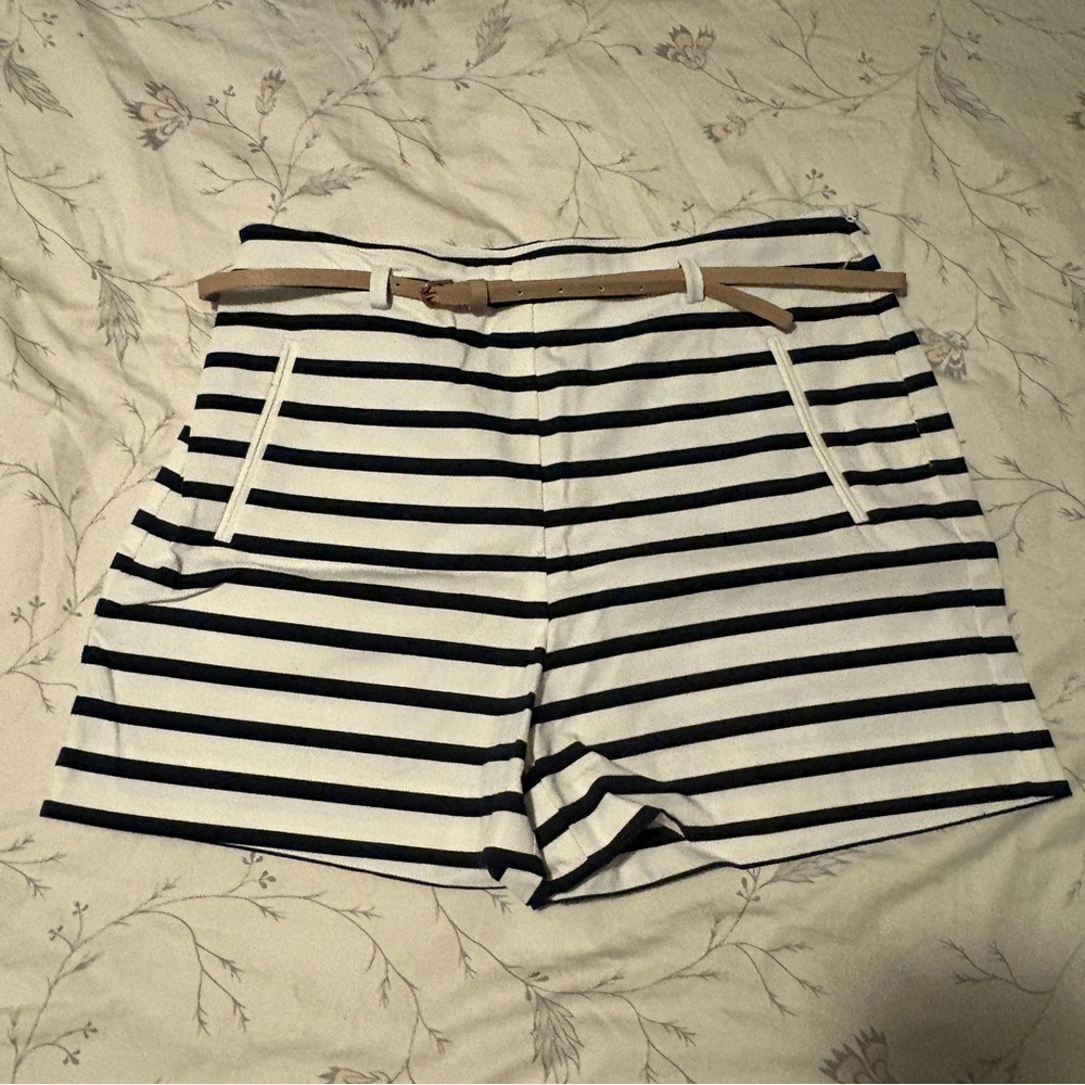 Zara Black and White Striped Bermuda Shorts with Belt